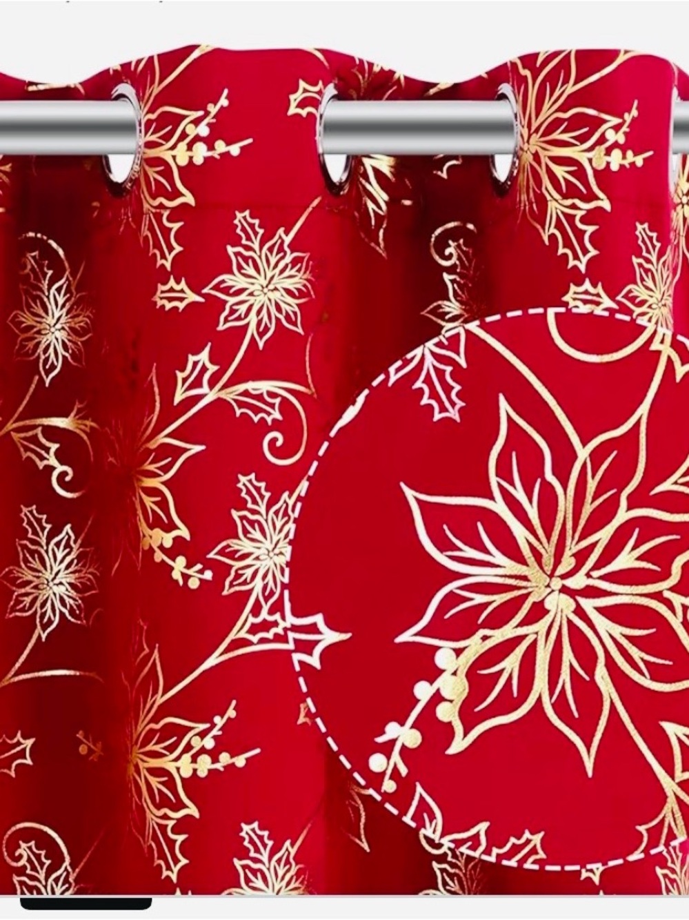 Christmas Curtains Gold Floral Foil Print, Poinsettia Blackout Thermal 8 Panels